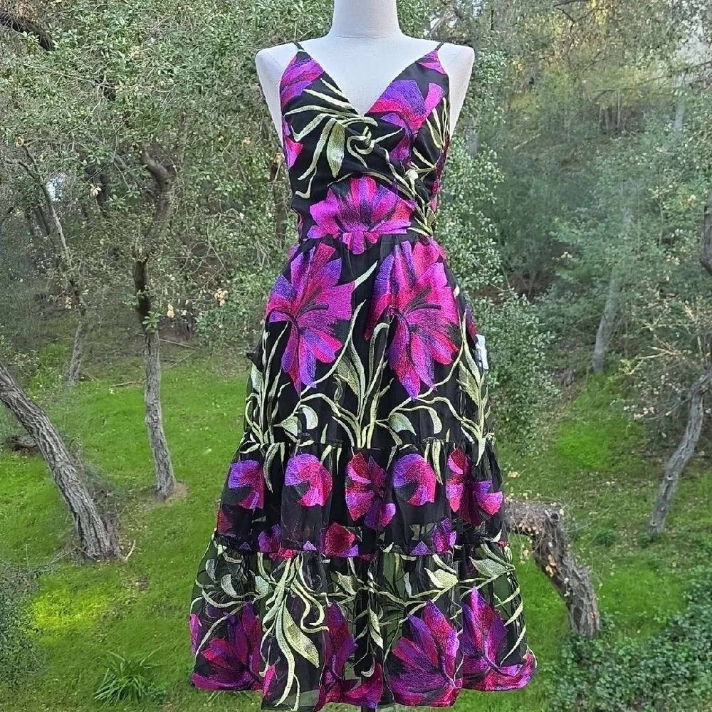 NWT DRESS THE POPULATION PAULETTE EMBROIDERED FIT & FLARE MIDI DRESS SIZE XS - Picture 2 of 9